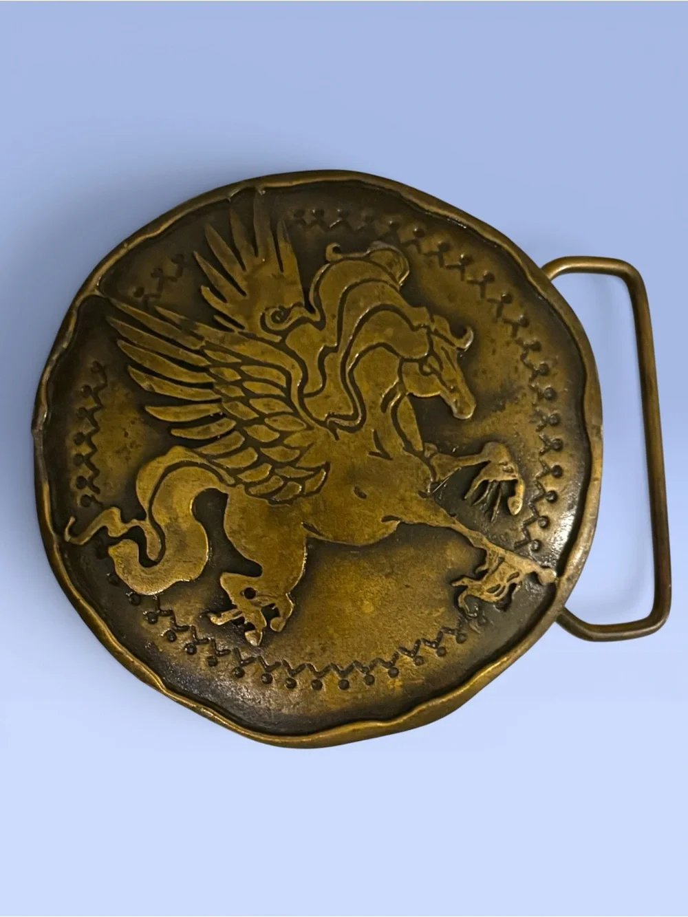 Vintage 70s Pegasus Heavy Brass Belt Buckle Round Dege Design